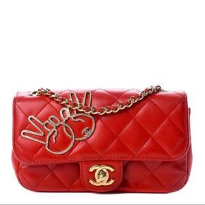 CHANEL CC Red Lambskin Quilted Extra Mini V For Victory Peace crossbody flap bag